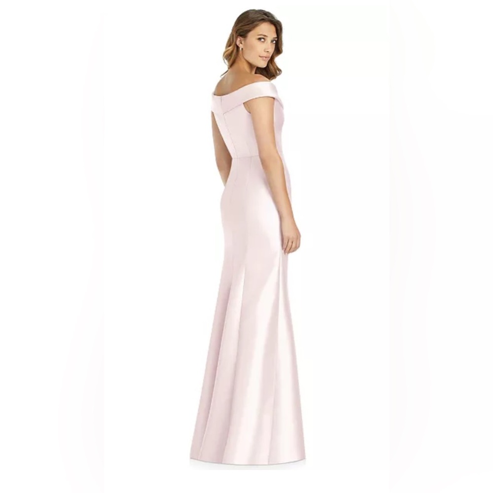 New Alfred Sung Off-The-Shoulder Satin Gown Blush Light Pink Size 12R Maxi Dress - Picture 2 of 3
